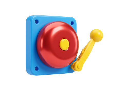 Back to school 3d render of a red alarm bell with yellow lever isolated on transparent background