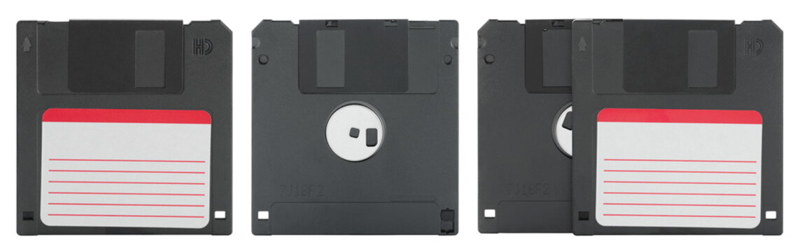 Set of Classic floppy disks isolated on transparent background with full focus. Retro digital storage medium concept for technology history, data backup, and vintage computer themes