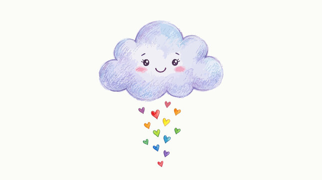 A cute watercolor illustration of a smiling purple cloud raining colorful hearts in rainbow shades on a white background.
