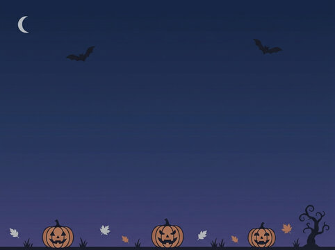 Pixel art halloween background with carved pumpkins and bats under a night sky with a crescent moon