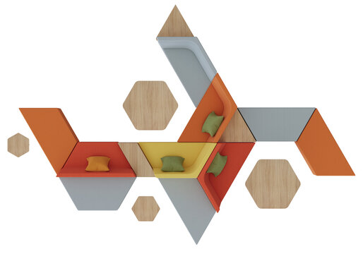 Modern abstract geometric modular lounge furniture featuring colorful upholstered seating, pillows, and wooden hexagonal elements isolated on transparent background.