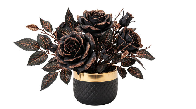 Gothic black roses in luxury gold pot, elegant dark floral arrangement, metallic bronze rose bouquet for interior decor isolated PNG with Transparent Background