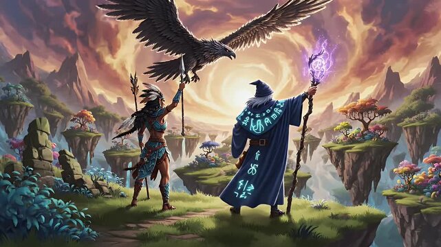 Battle-worn Huntress Confronts Aetheric Guardian Amid Enchanted Verdant Ruins at Dusk