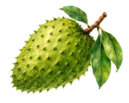 Detailed watercolor painting of a green soursop fruit with leaves.