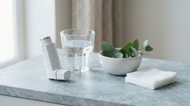 Asthma inhaler with a glass of water and a bowl of fresh eucalyptus leaves on a table for respiratory health and allergy relief