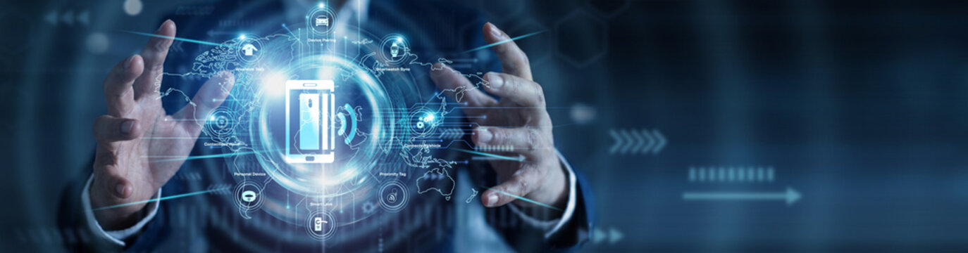 Contactless communication. Tech developer holding glowing NFC technology signals over a global network on an abstract dark background. Wireless data transfer.