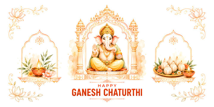 Artistic Lord Ganpati isolated illustration with decorative text placeholder - Happy Ganesh Chaturthi
