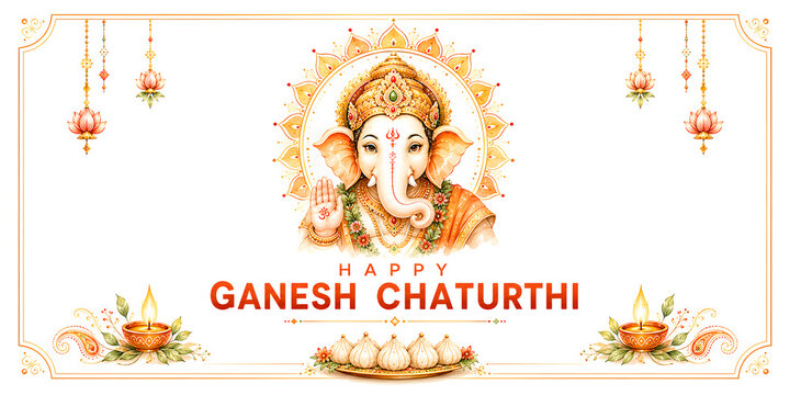 Traditional Indian festival card with watercolor Ganesha and hanging bells - Happy Ganesh Chaturthi