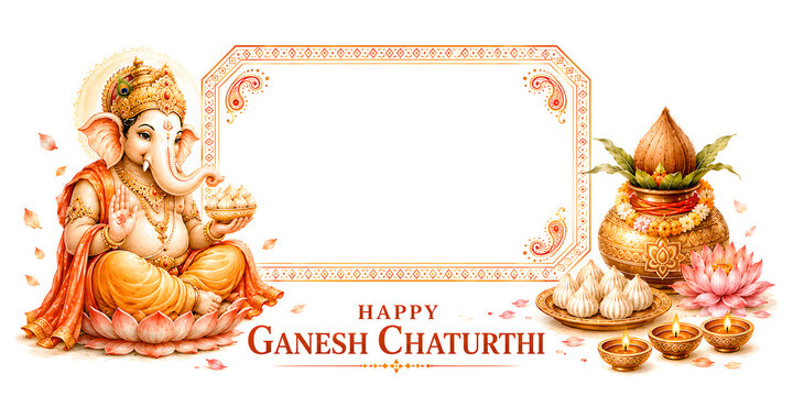 Lord Ganpati graphic layout with festive decorations and pure white background - Happy Ganesh Chaturthi