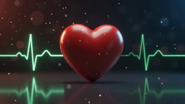 Red Heart with ECG Pulse Line and Particles, Symbolizing Health and Life