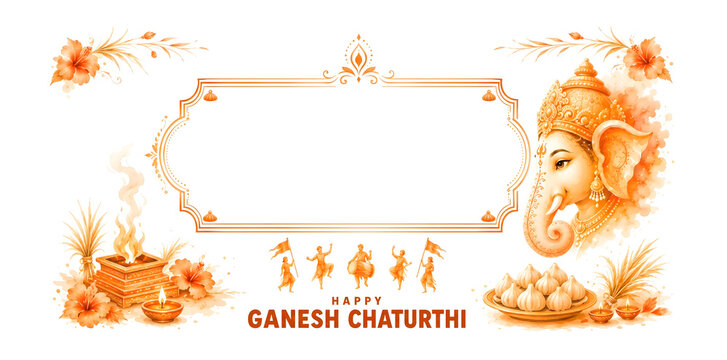 Decorated Ganesha illustration with offering bowl and elegant frame design - Happy Ganesh Chaturthi