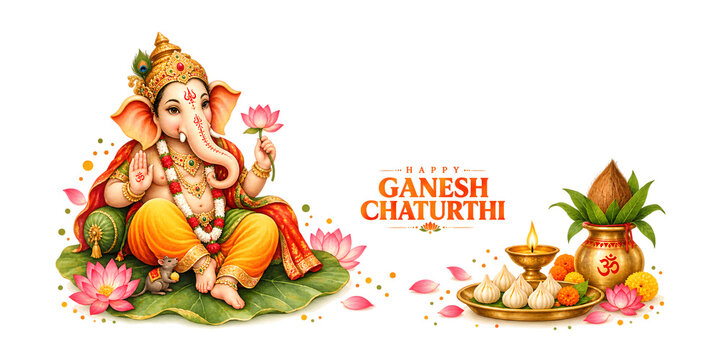 Lord Ganesha sitting posture with floral decorations and text space banner - Happy Ganesh Chaturthi