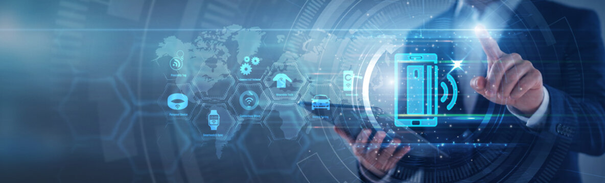 Tech developer pointing NFC technology system. Specialist using tab analyzing near field communication signals and contactless card data on hologram. Smart connectivity and NFC technology.