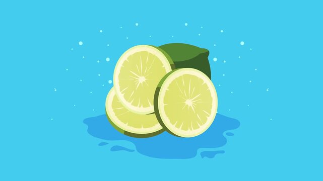 Fresh lime slices motion graphic animation with floating bubbles and blue water splash background.