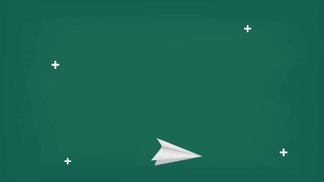 Abstract motion graphic with paper planes flying dynamically across a vibrant green background, leaving subtle trails and interacting with small plus signs, representing ideas and movement.
