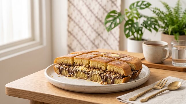 Martabak Manis. Martabak Manis coklat keju. Indonesian Sweet Martabak Pancake. Martabak Manis Terang Kafe. Delicious Indonesian Sweet Martabak Pancake with Chocolate and Cheese Served on Wooden Table 