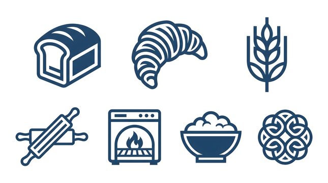 Set of bakery and bread line icons featuring loaf of bread, croissant, wheat stalk, rolling pins, baking oven, bowl of flour, and traditional Celtic knot ornament