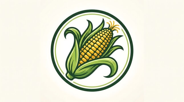 A stylized vector logo design of a ripe corn on the cob with green husks, enclosed in a circular frame, perfect for agriculture, farming, or organic food branding.