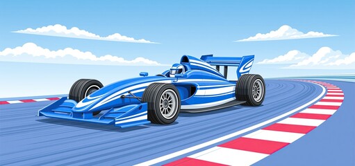 Fototapeta premium On a sunny day, a streamlined blue racecar navigates a winding racetrack, capturing high-speed excitement.