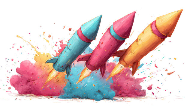 Three colorful fireworks rockets launching with smoke and sparks, digital vector illustration for celebration and New Year design, isolated on white background