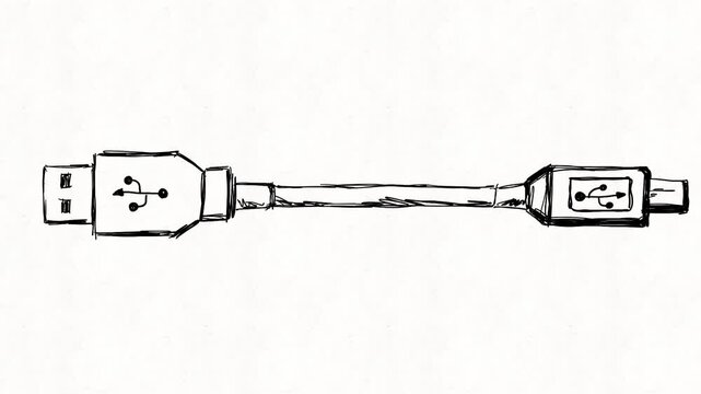 
USB cable animation on white background, representing digital connection, data transfer, charging, computer accessories, electronics and modern technology.