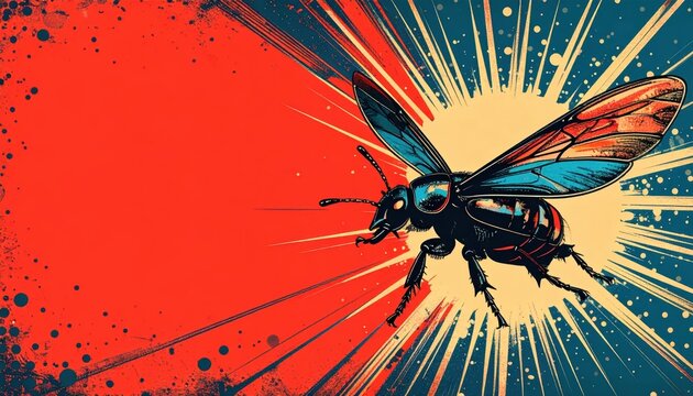 Retro Pop Art Illustration of a Flying Bee on a Vibrant Red Background with Copy Space, Comic Book Style Insect Graphic for Creative Design