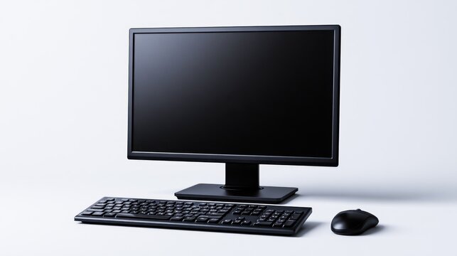 A black computer monitor with a blank screen and a black keyboard and mouse on a white background.