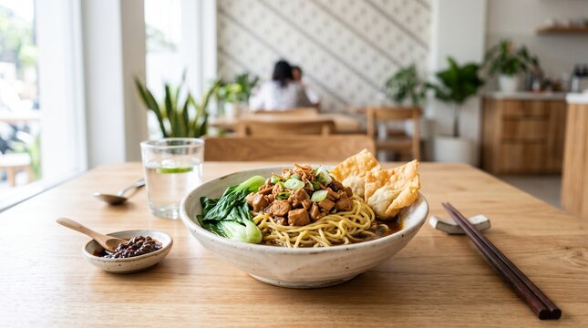 Mie Ayam. Mie Ayam kecap bakmi. Indonesian Chicken Noodle Soup. Mie Ayam Kafe Cerah. Classic Indonesian Chicken Noodle Served in Ceramic Bowl on Wooden Table in Bright Modern Cafe.