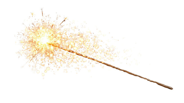 Glowing golden sparkler firework stick emitting bright sparks and light, festive celebration and New Year holiday concept, isolated on pure white background