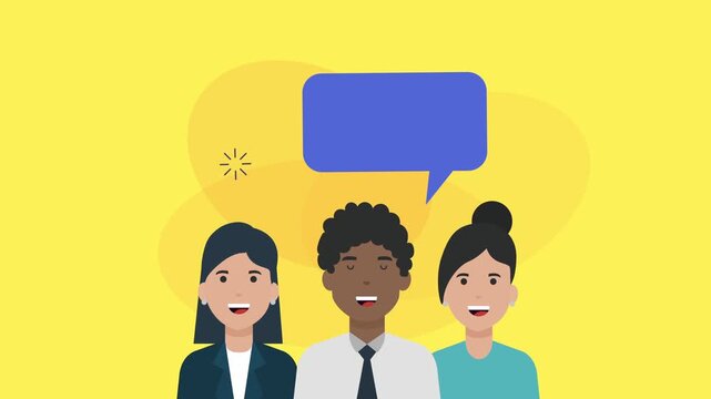 Business people group talking with speech bubble animation over yellow background representing communication and teamwork.