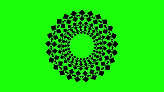 Rotating black geometric mandala pattern motion graphic animation against a solid vibrant green screen background
