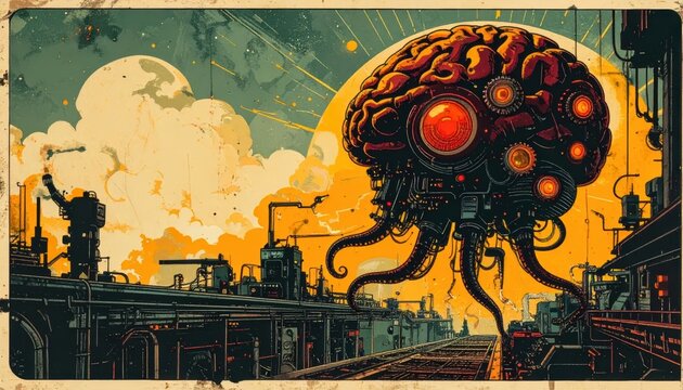Retro Futuristic Illustration of a Giant Cyborg Brain with Tentacles Floating Over an Industrial Factory, Vintage Sci-Fi Comic Style Poster Design with Ample Copy Space