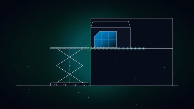 Abstract technical wireframe diagram showing a warehouse shipping process with conveyor and lift