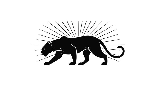 Panther silhouette logo with radiating sunburst lines behind it on a white background, representing strength and agility in a minimalist graphic style suitable for branding.