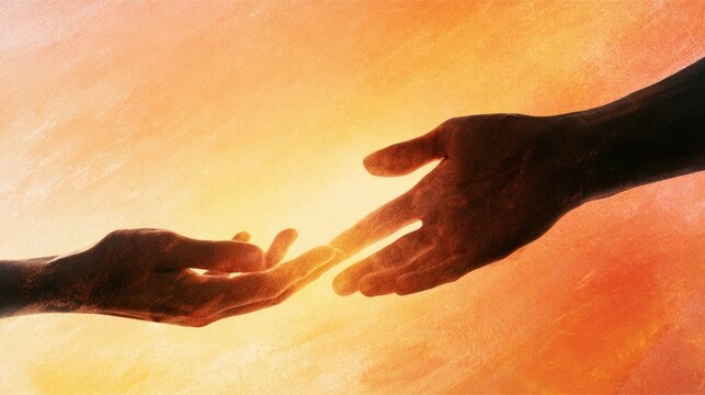 Two hands reaching out to each other in a warm, glowing light, with a blurred background that fades from orange to yellow.