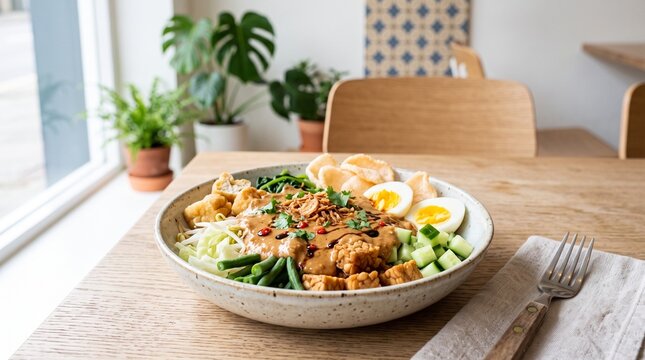 Gado-Gado. Gado-Gado bumbu kacang sayur. Indonesian Vegetable Salad with Peanut Sauce. Gado-Gado Kafe. Traditional Indonesian Gado-Gado Vegetable Salad with Rich Peanut Sauce on Wooden Table in Bright