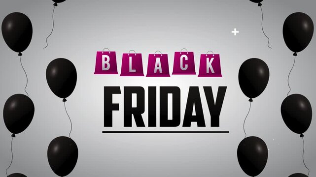 Black friday promotional motion animation with purple shopping bags and floating black balloons on gray background.