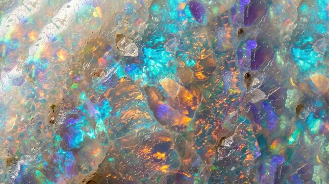 Macro view of iridescent opal gemstone surface with vibrant blue and orange light play