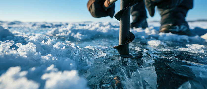 Ice fishing auger cutting through clear ice on a frozen lake  