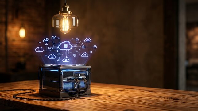 Industrial Drone Network Core on Rustic Wooden Table Under Warm Pendant Light