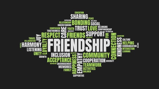 Animated friendship word cloud featuring green and white typography co