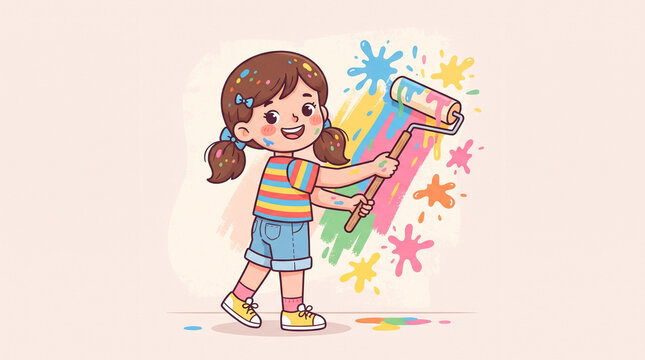 Cute girl wearing shorts painting wall with paint roller cartoon mascot vector illustration with bold outlines on white background