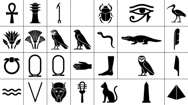 Egyptian Hieroglyphic Symbols Silhouette Grid Set