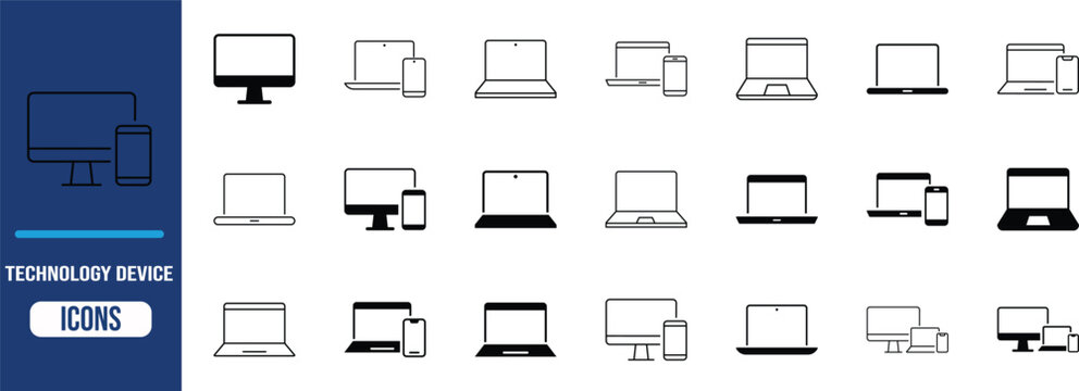 Responsive technology device outline icons. monitor icon set, laptop icon set, smartphone icon set