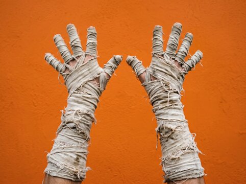 Two bandaged hands raised upwards against a vibrant orange background resembling a spooky mummy costume for Halloween celebrations or ancient Egyptian themes