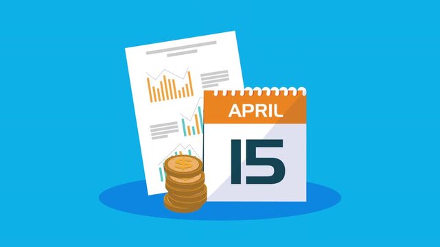 Tax day reminder animation with april 15 calendar and financial document charts and coins on blue background.