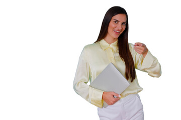 Fototapeta premium Businesswoman holding laptop, smiling and pointing, symbolizing success, confidence, and professional leadership