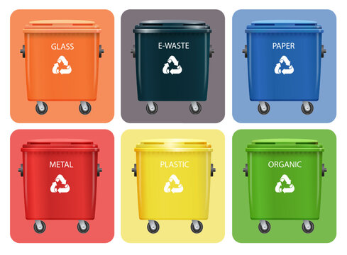 Green recycling bins for paper, plastic, and glass waste sorting. Eco-friendly trash containers vector illustration set for environmental management and garbage collection. Vector illustration