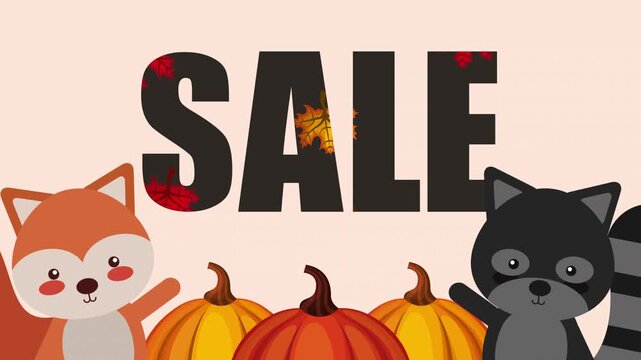 Cute animated fox and raccoon characters with pumpkins and fall leaves celebrating sale.