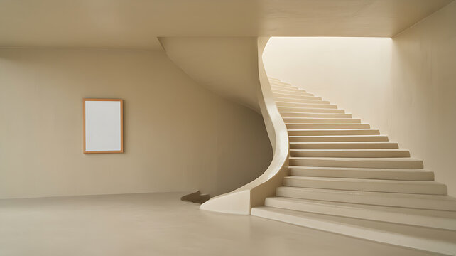Minimalist interior with a grand curved staircase, smooth beige walls, and an empty vertical